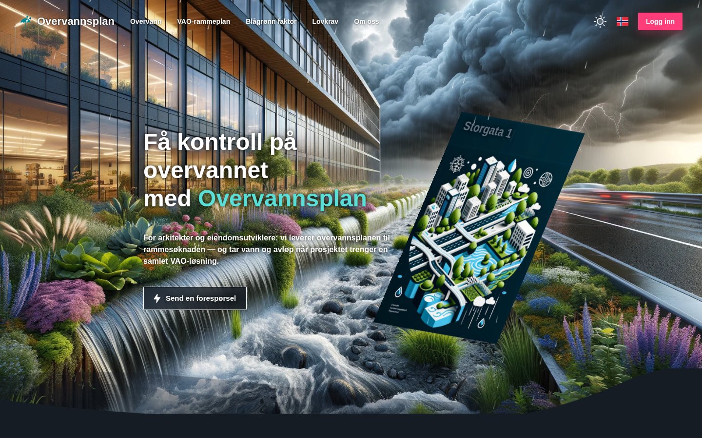 The overvannsplan.no home page showing the stormwater service